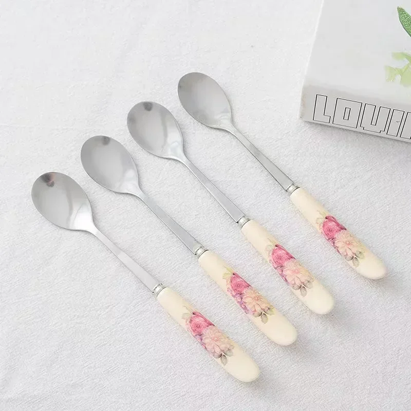 Stainless Steel Ceramic Handle Coffee Spoon Creative Flower Pattern Tea Spoon Honey Dessert Ice Cream Spoon Small Teaspoon