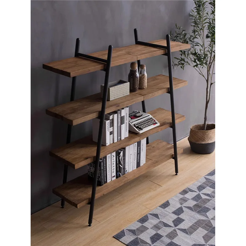 Log bookshelf Wrought iron shelf Floor to ceiling against the wall Simple solid wood living room