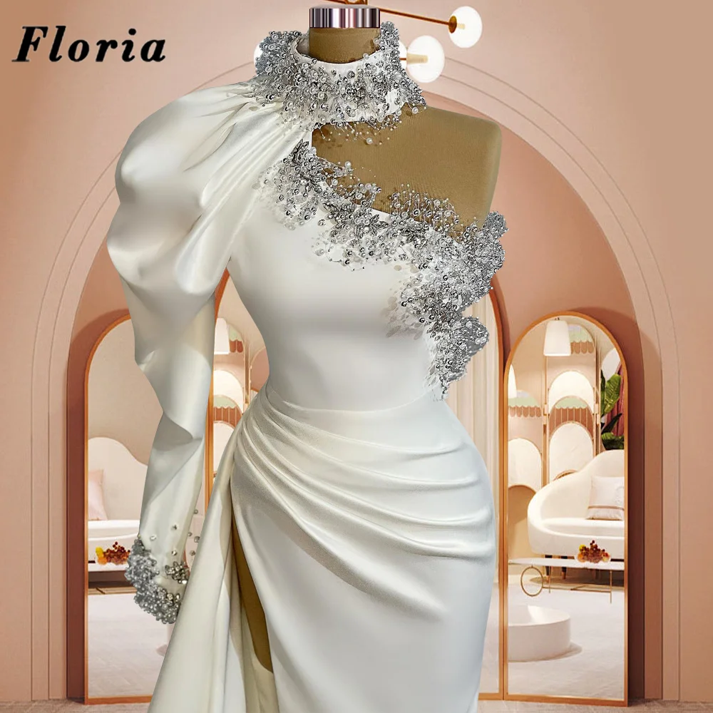 Floria One Shoulder Beading Evening Dresses Split Side Formal Prom Dress Robe De Soiree 2023 Mermaid Pearls Wedding Party Gowns