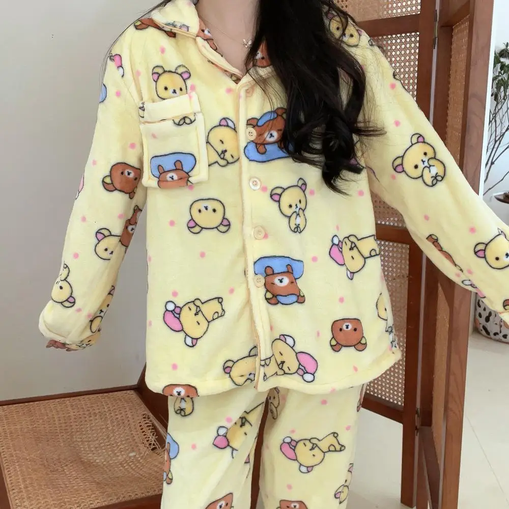 Kawaii Rilakkuma Anime Cartoon Coral Velvet Pajamas Winter Girls Warm Home Clothes Set Give Gifts To Girlfriend