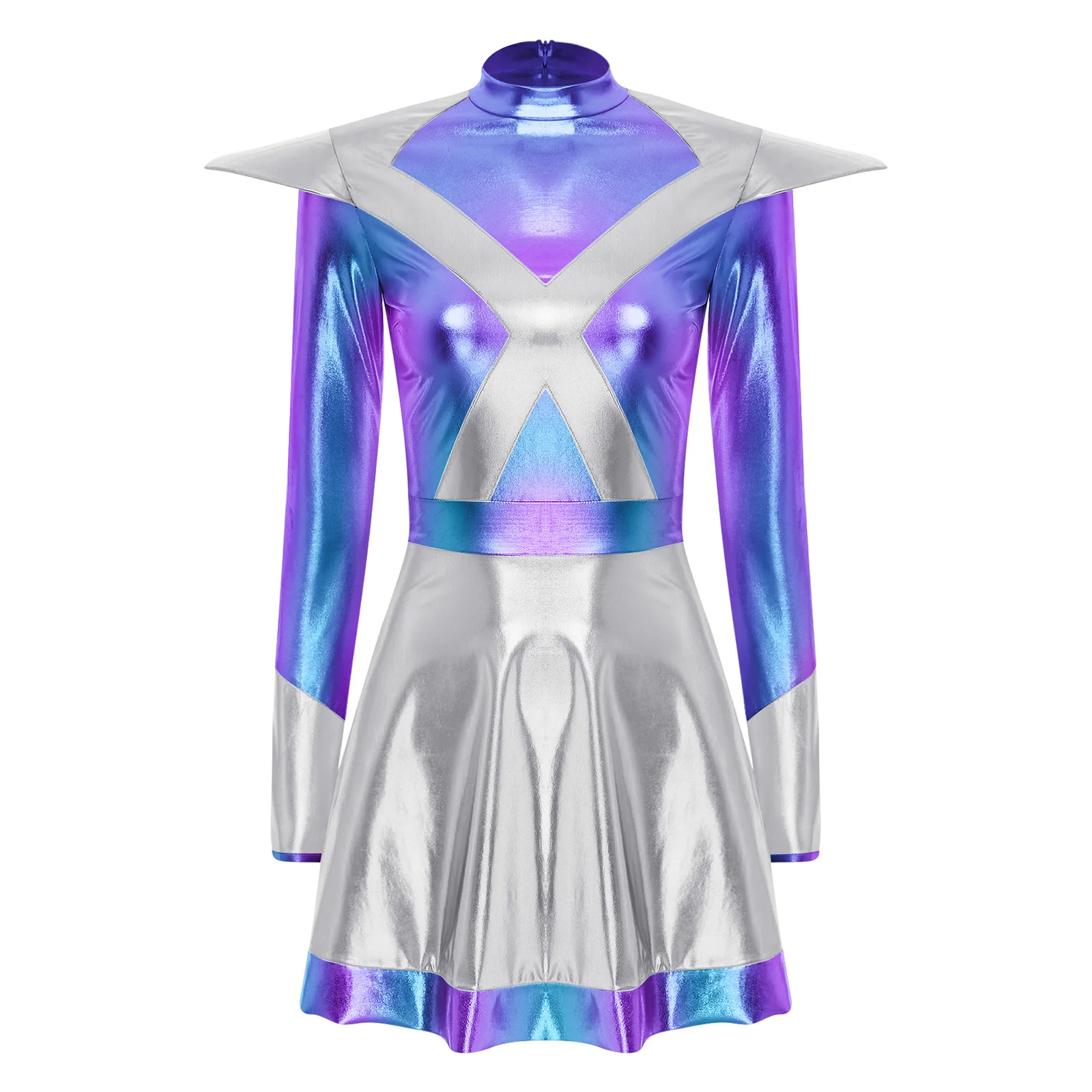 Vestido de guerrero femenino del espacio exterior para mujer, disfraz de astronauta Robot alienígena, disfraz de fiesta de Halloween, vestido acampanado metálico brillante