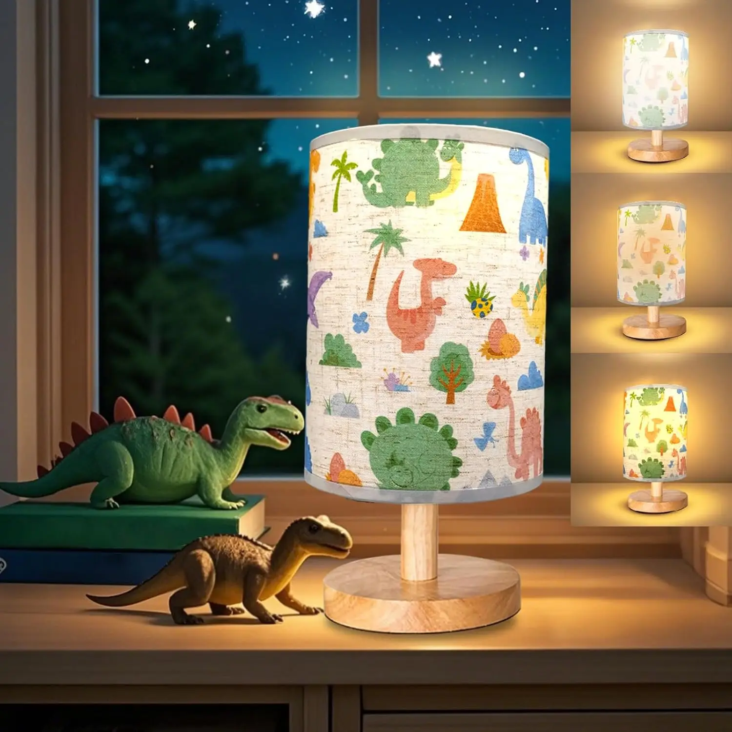 

3-Level Dimmable Dinosaur Lamp, Wood Base Fabric Shade, Nightstand Desk Light for Boys Bedroom, Cute Dino Decor