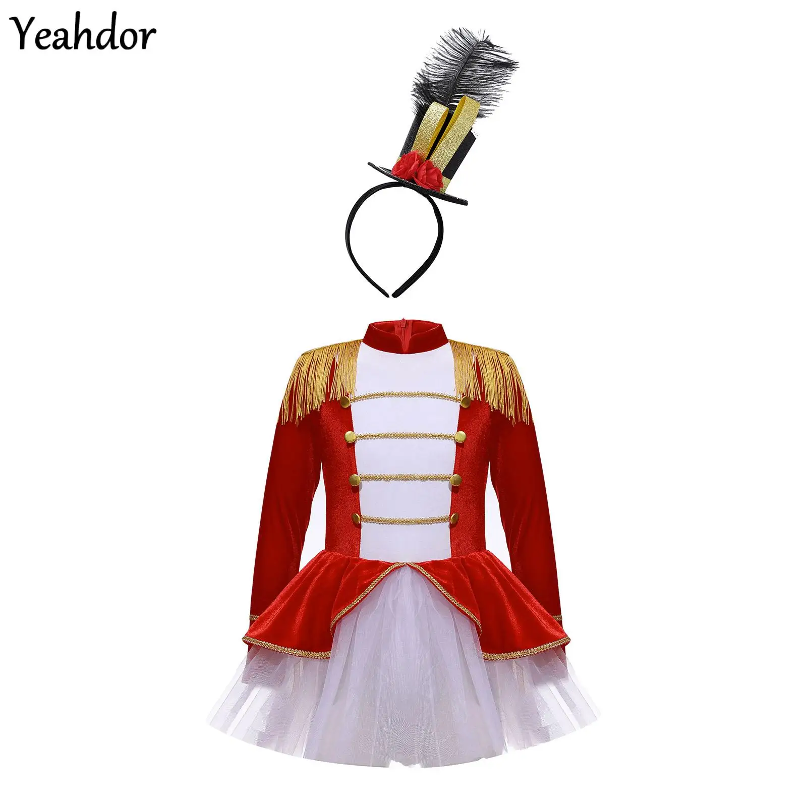 

Girls Ringmaster Circus Costume Xmas Halloween Lion Tamer Cosplay Long Sleeve Tassel Epaule Tutu Leotard Dress with Mini Top Hat