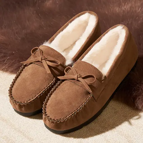 여성용 겨울 두꺼운 밑창 슬립온 빈슈즈 플리스 안감 퍼 트리밍 플랫 캐주얼 로퍼 한국 스타일 라운드 토 플랫