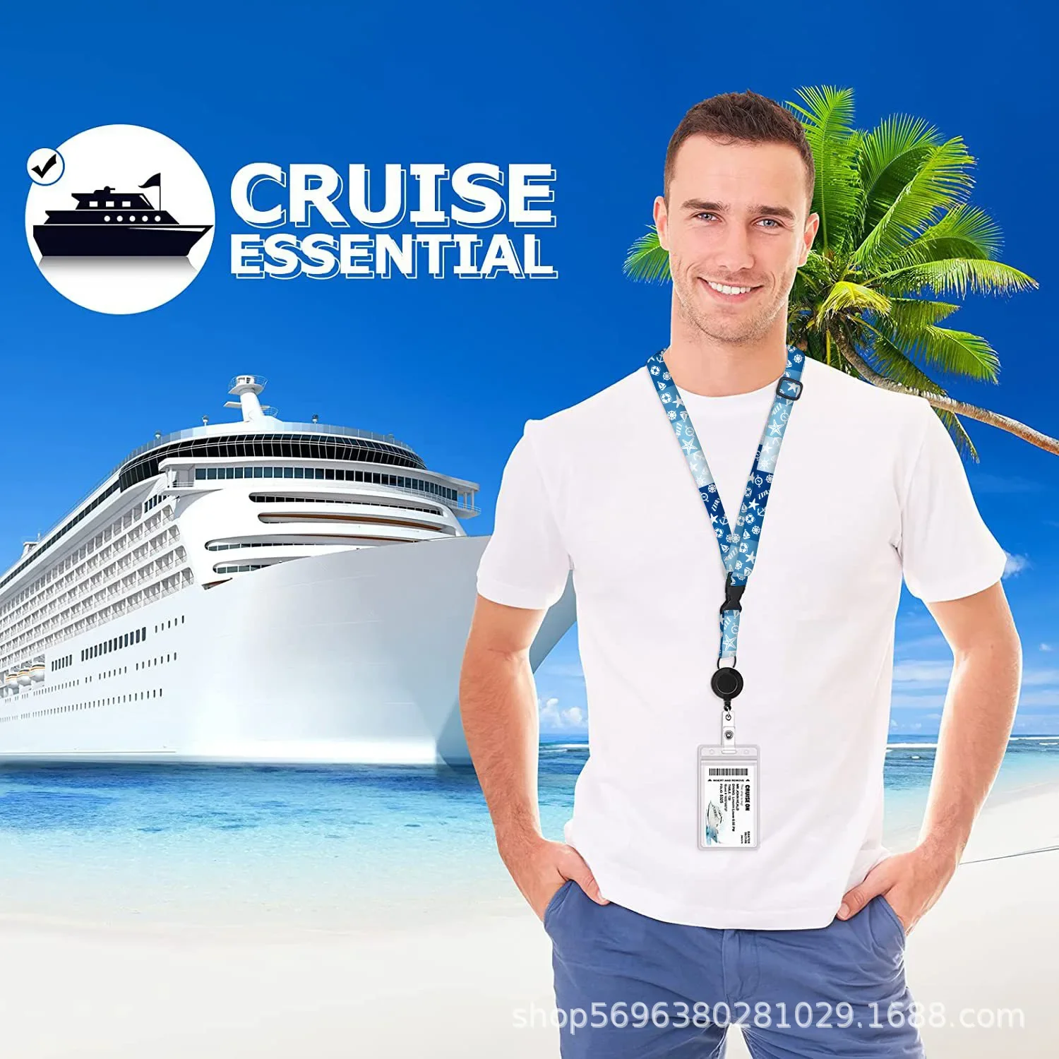 Smycz z nadrukiem morskim, oceaniczny, z wysuwaną łatką, pasek do telefonu komórkowego z łatką, zestaw dokumentów z łatką, neutralny minimalistyczny.