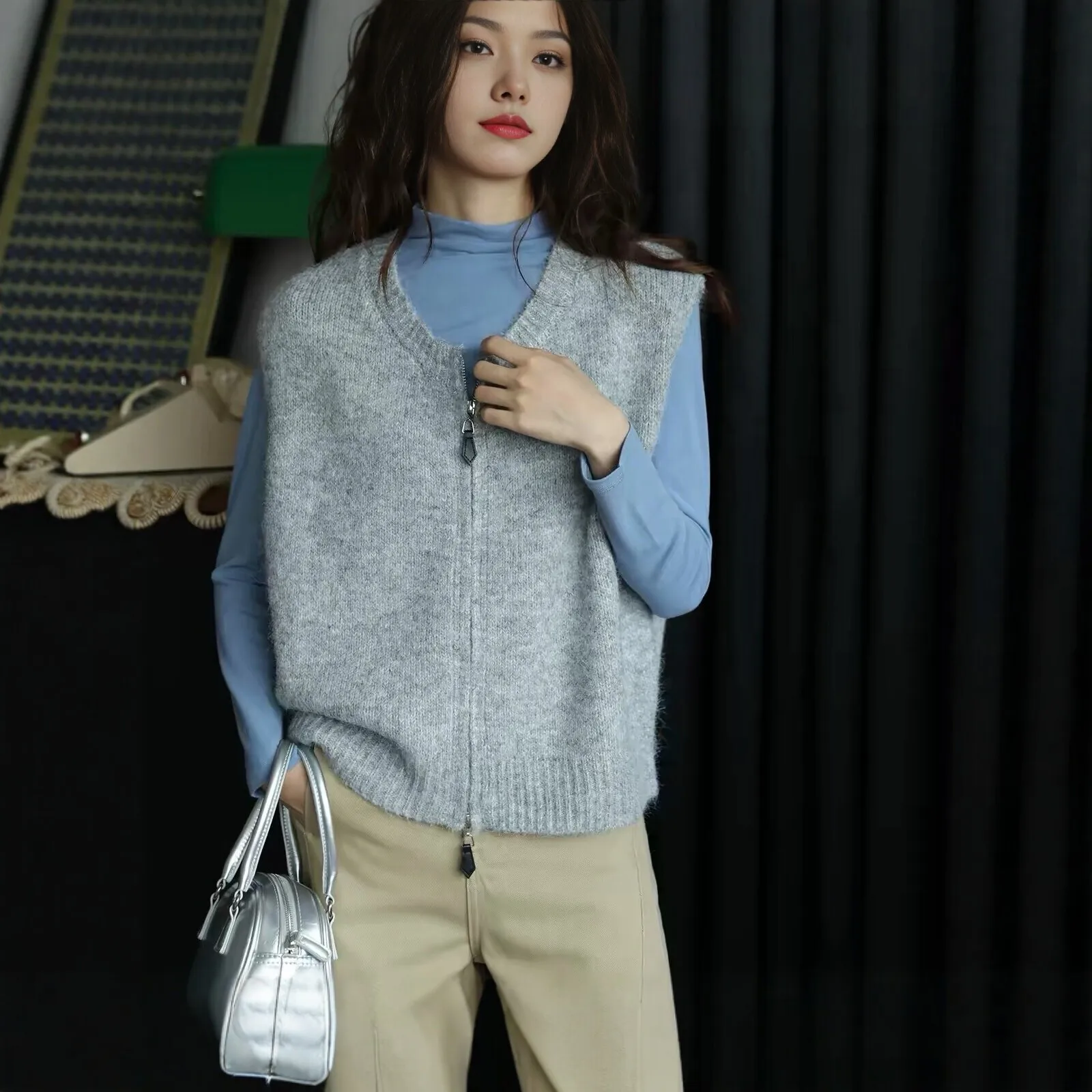 women-new-autumn-winter-knit-vest-woolen-texture-double-zipper-sleeveless-coat-versatile-outerwear-sweater-waistcoat