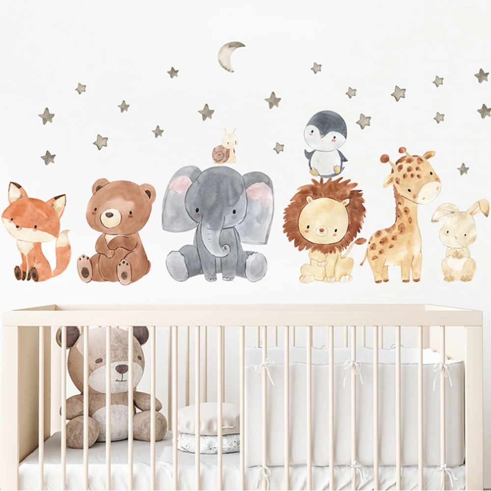 

Cloududa Wall Stickers Watercolor Cartoon Cute Africa Animals Elephant Giraffe Bear Fox Wall Decals Decorative Sticker