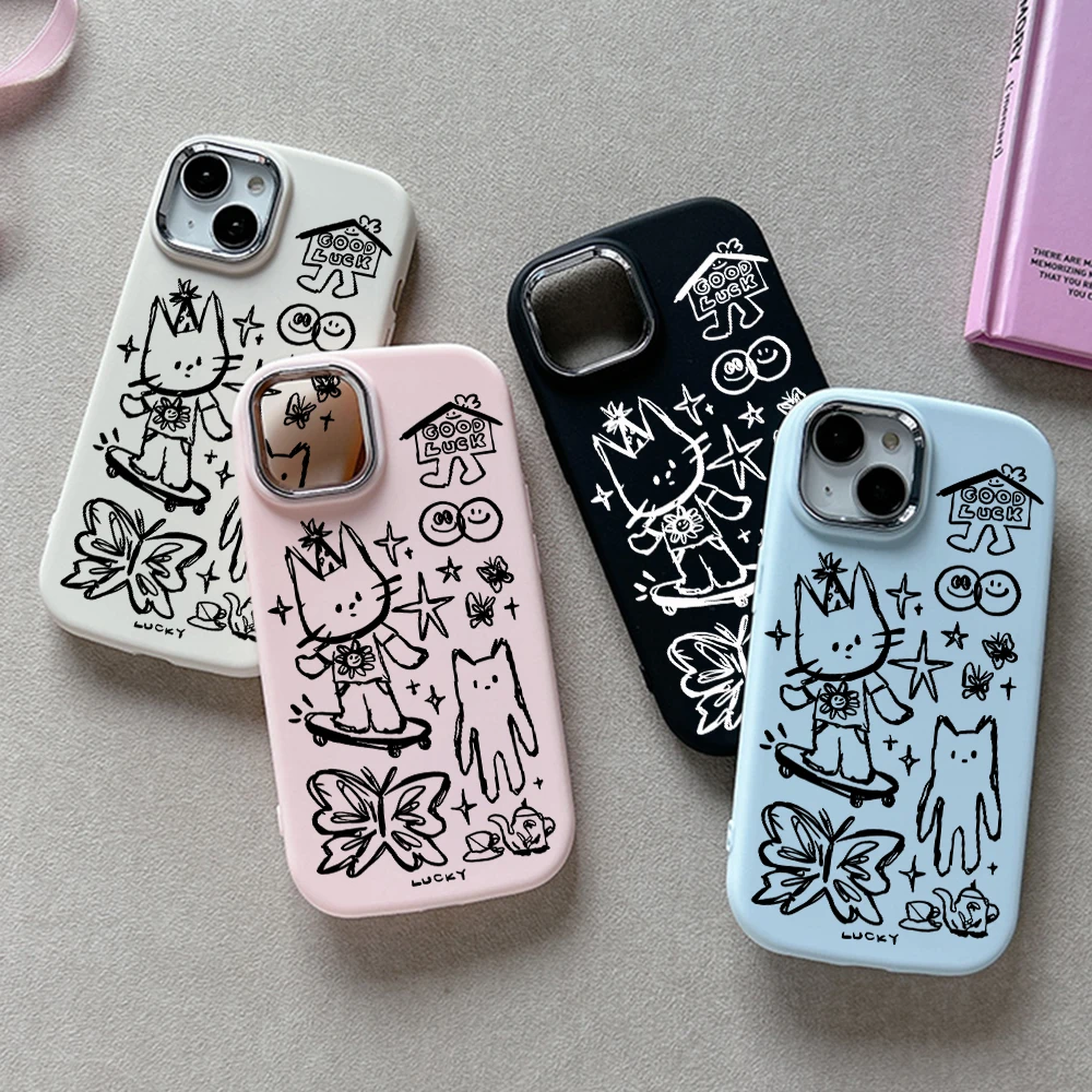 Cute Cartoon Sketch Black Cat Phone Case For Samsung Galaxy S24 S23 S22 S21 S20 Ultra Plus FE 4G 5G Shockproof Silicone Cover