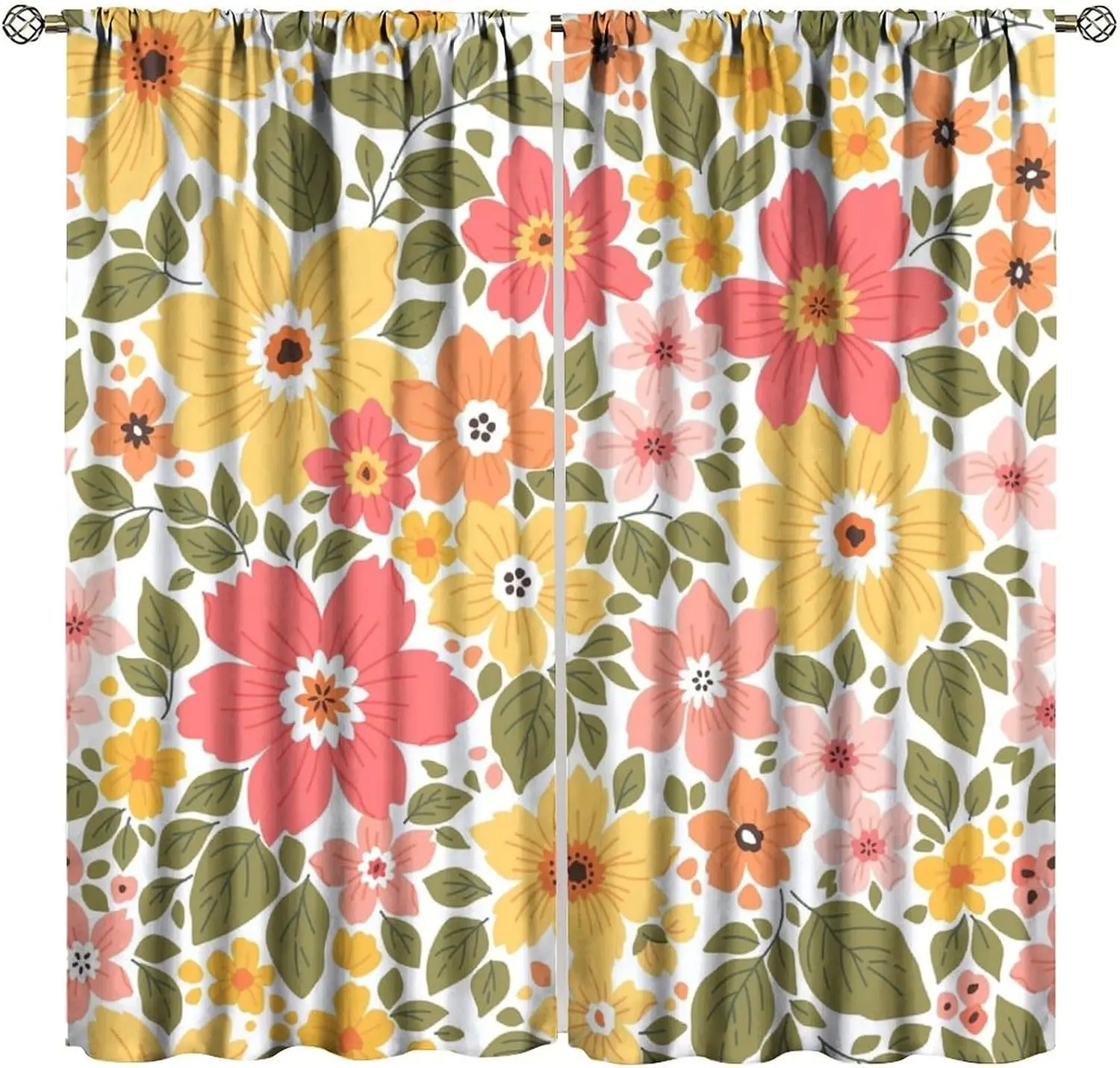 Boho Pastel Floral Curtains, Yellow Pink Orange Daisy Green Leaf Fresh Spring Flower White Background Print Drapes for Girls