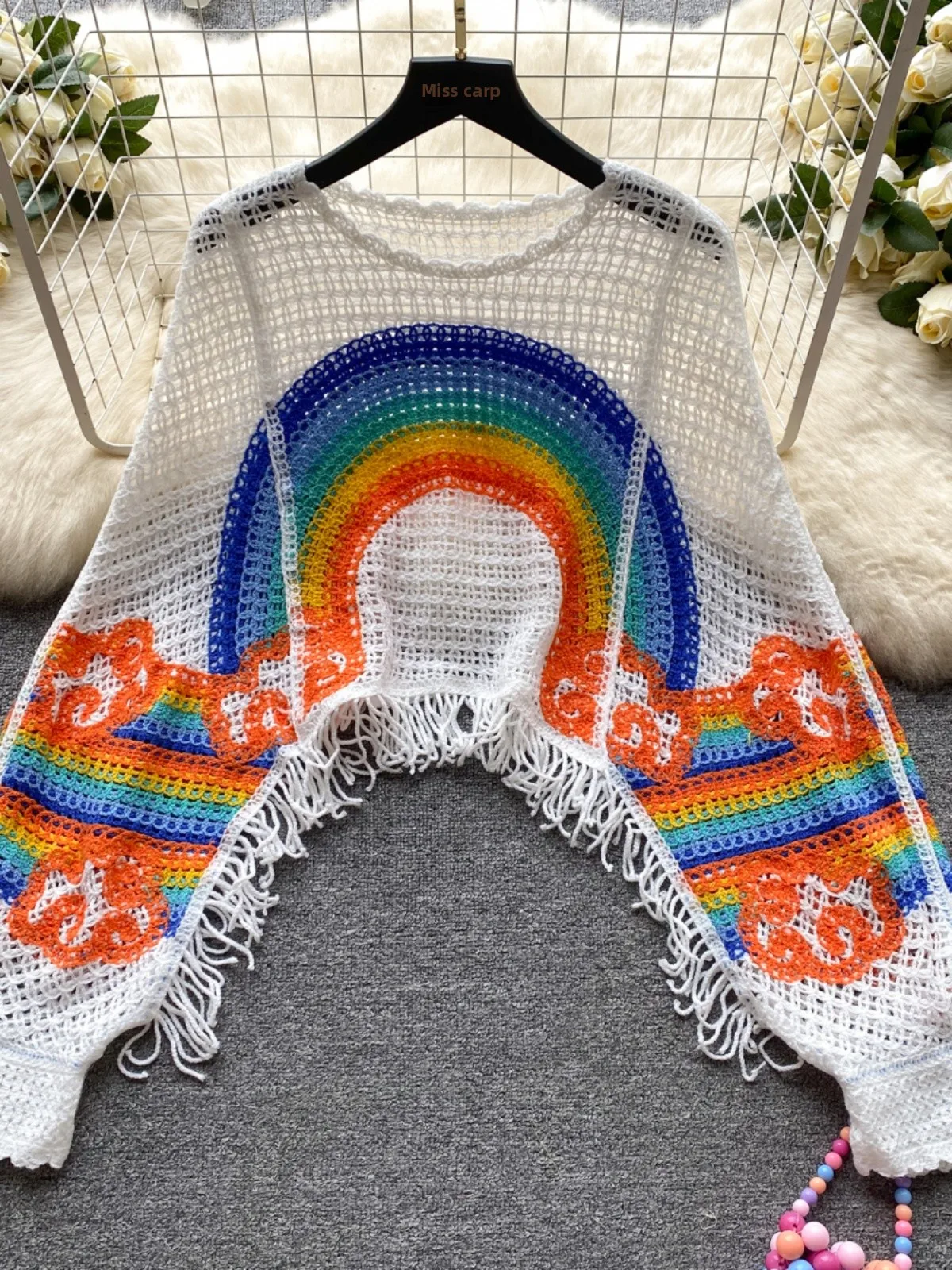 

Women's Loose Knitted Cover up Top Hollow out Rainbow Print Casual Comfortable Outerwear Korean Sle Long Sve T-irt