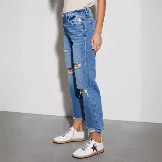 Ripped Washed Straight Ankle Length Jeans Women Denim Pants Hole Loose Fit Jean Pockets Streetwear High Waist Distressed