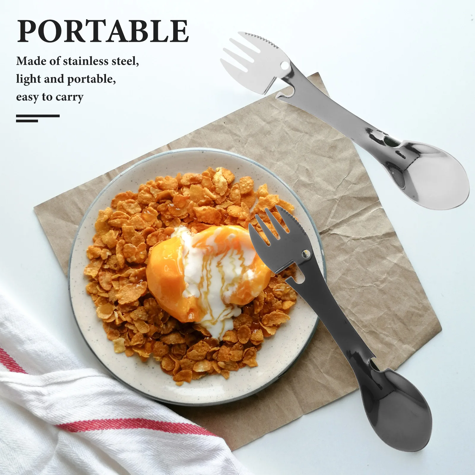 

4pcs Multifunctional Knife Spoon Fork Camping Set Stainless Steel Portable Reusable Spork Bottle Opener Travel Utensils Outdoor