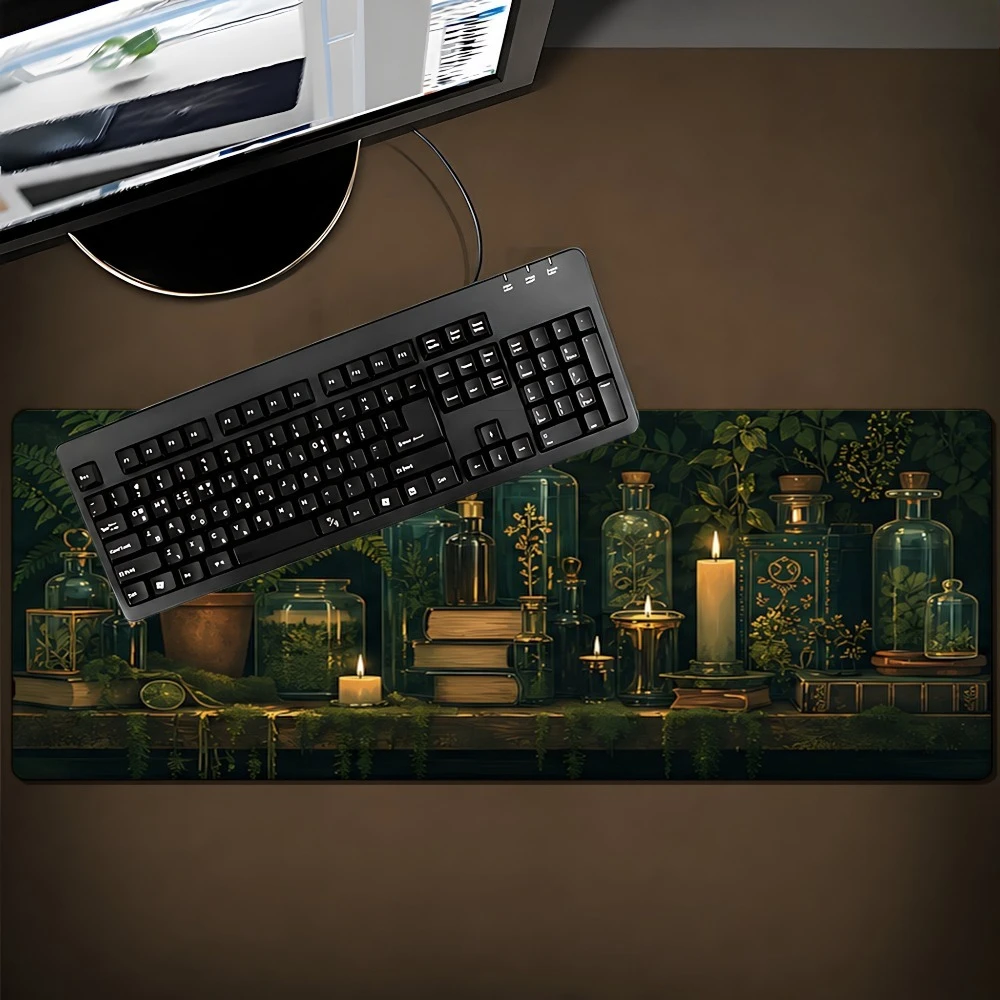 Dark green plant glass bottle candle still life pattern mouse pad,anti-slip,suitable for office desks,computer desks,work tables