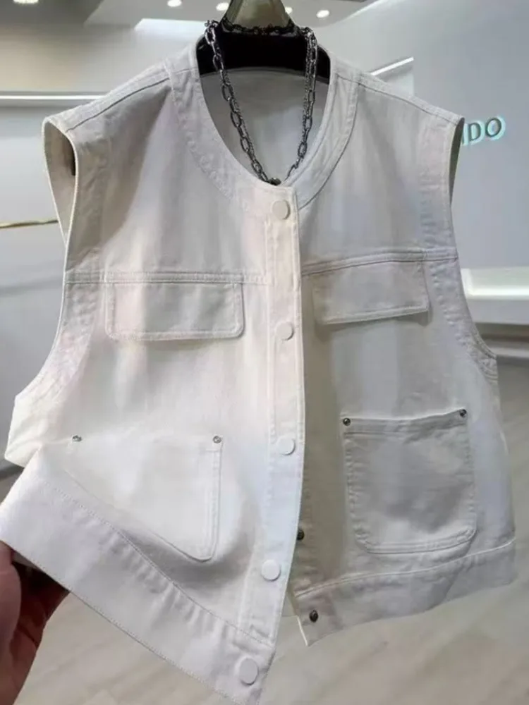 

Retro Hong Kong Style Denim Vest Women's Summer Outerwear Age-Defying Sleeveless Shoulder Pad Short Jacket Casual Match