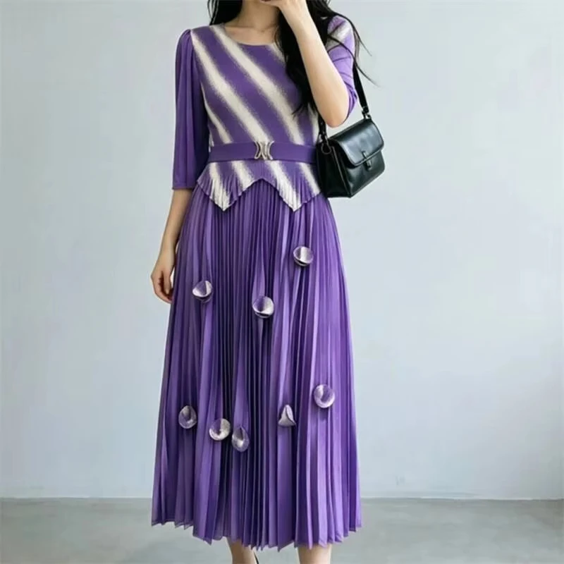 ANLAN New Miyaki Niche Silver-embossed Design Women's Pleated Dress Mid-length Summer Fake Two Pieces Half Sleeve Dresses 3AN297