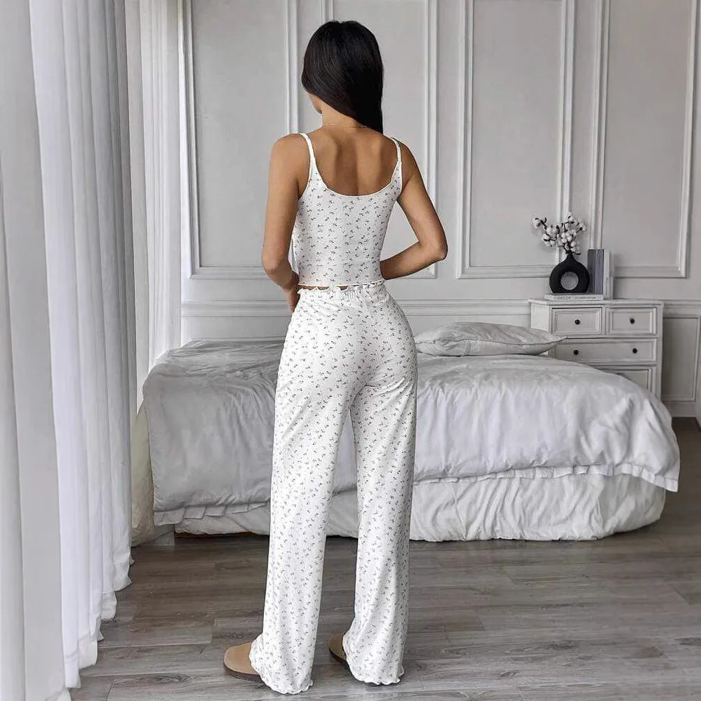 2025 Amazon Cross-border TK Set, Small Floral Vest Plus Wide-leg Trousers, Casual Home Two-piece Set For Women