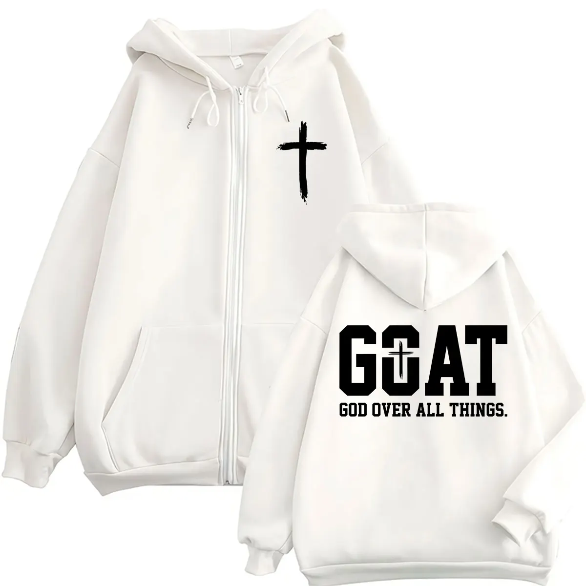 Christian Jesus Goat God Over All Thing Zip Up Hoodies Bible Verse Trend Vintage Men Women Sweatshirt Loose Fleece Casual Coats