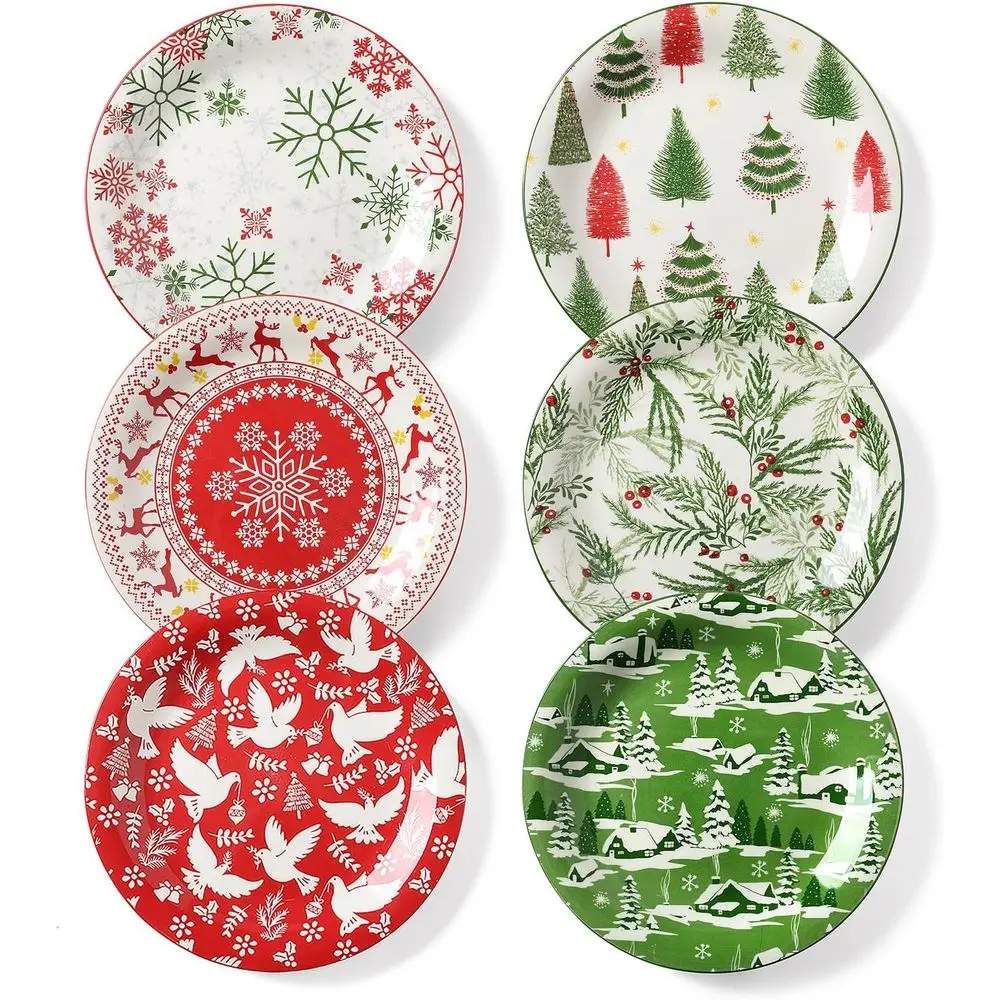

Christmas Salad Plates, 8 Inch Ceramic Dessert Plate Set, Appetizer Plates for Pasta, Side Dishes, Holiday Treats, Dishwasher &