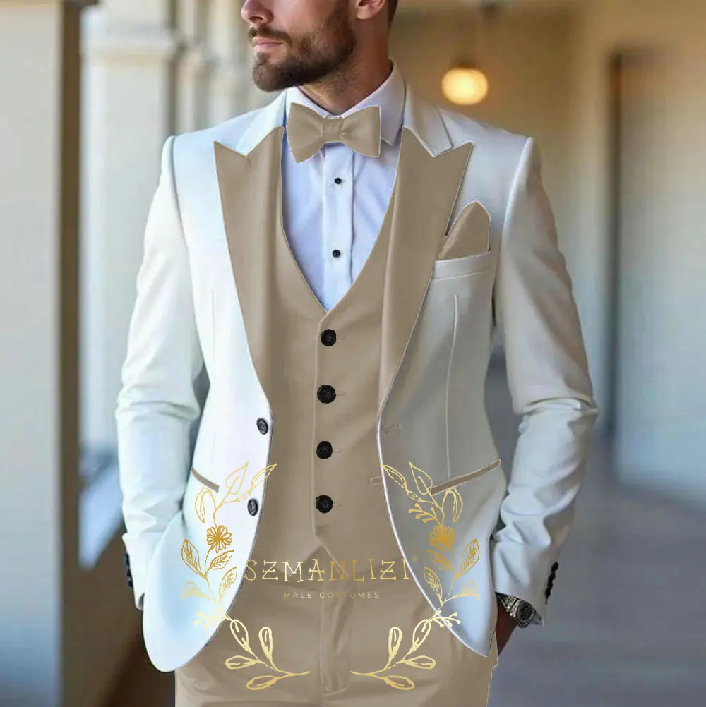 

Mens Suits Fashion White Wedding Groom Tuxedos Male Slim Fit 3 Piece Set Formal Business Peaked Lapel Blazer Beige Vest Pants