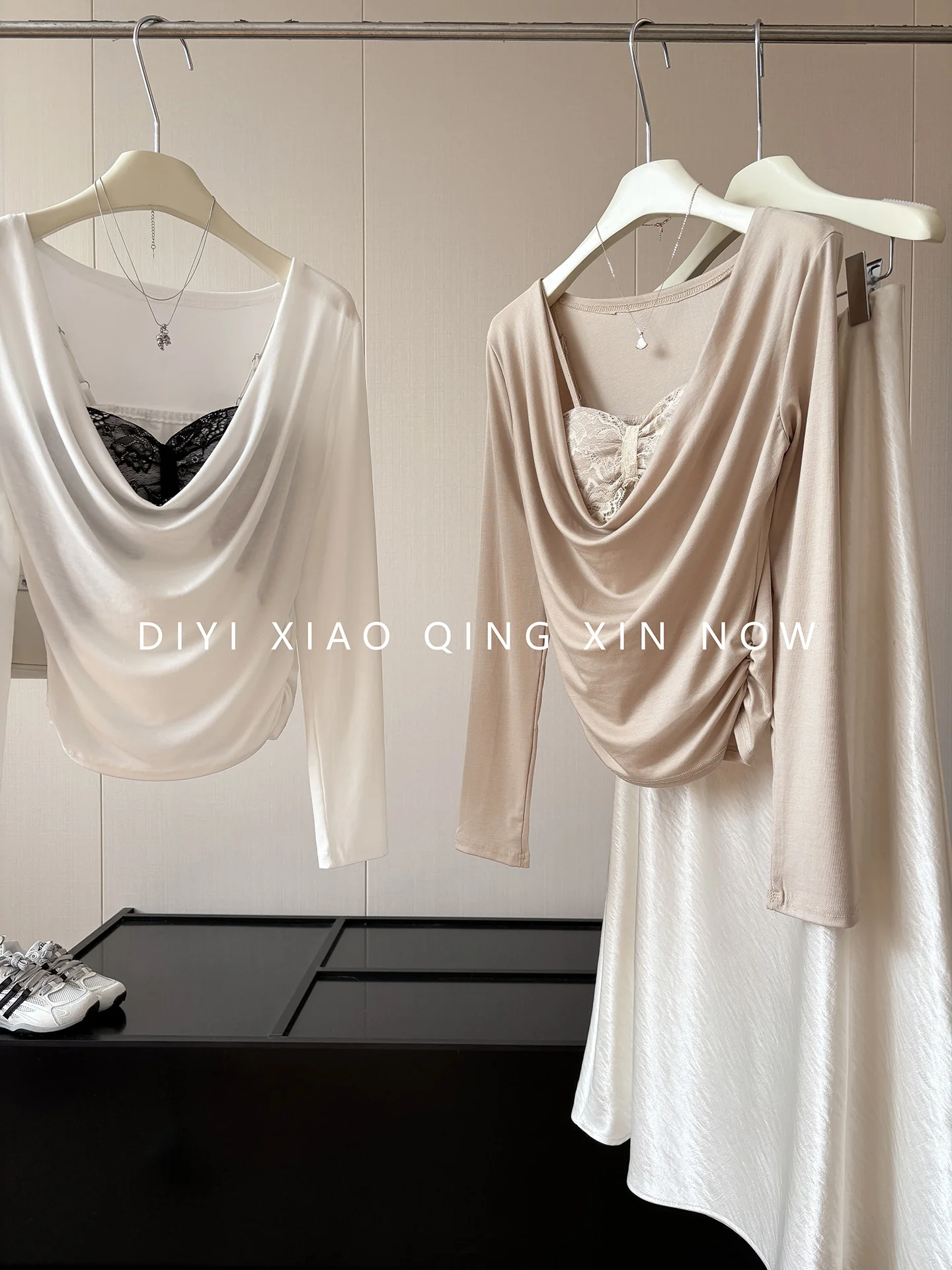 DIYI Autumn 2026 Long Sleeve T-Shirt Lace Pad Two-Piece Set Women's Fashion Maturity Style Elegant Neck Swinging Design