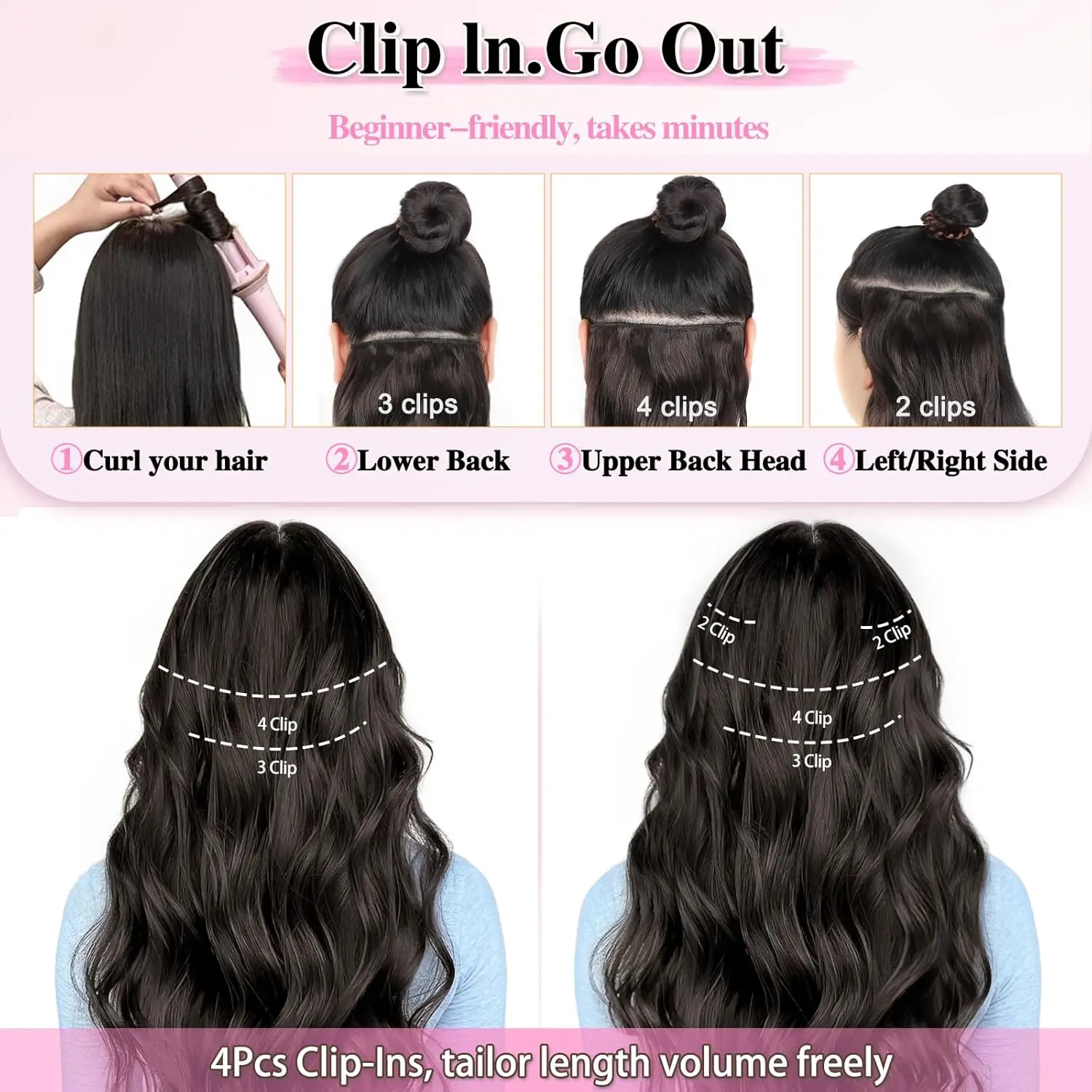 Clip in Long Wavy Hair Extension 4PCS Thick Flaxen Gold/Black Hairpieces Double Weft 22 Inch Synthetic Hair Extension for Women view 4
