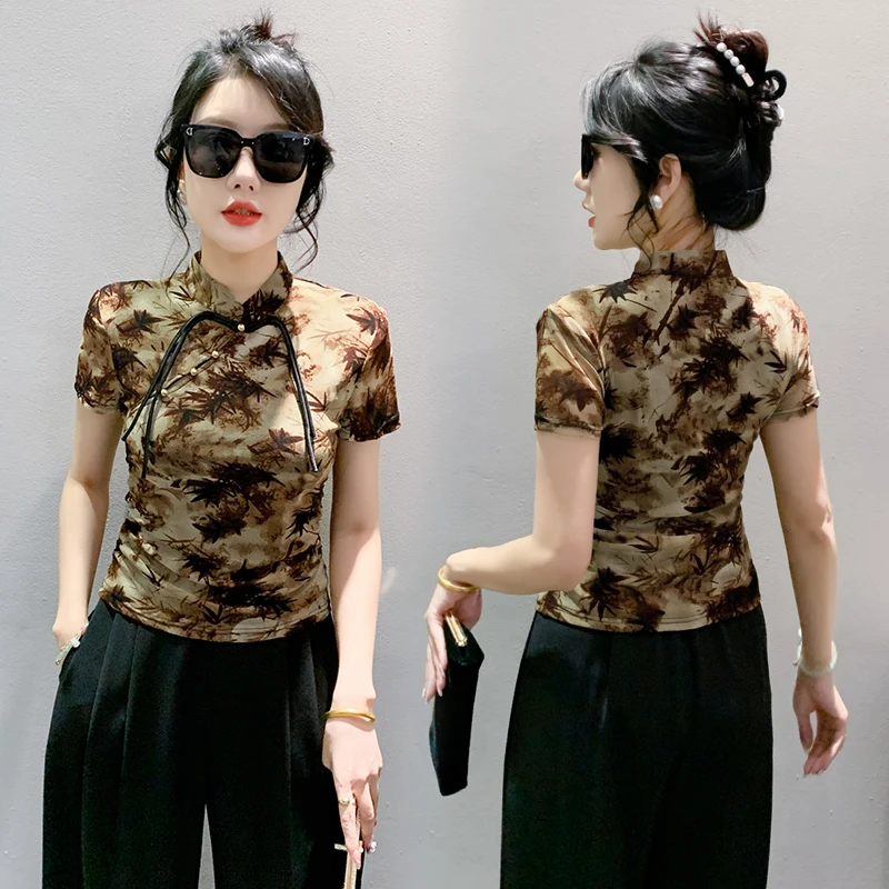 MadBlack-T-Shirt européen pour femmes, Patchwork de boutons imprimés sur support Sexy, T-Shirt en maille Slim à manches courtes Vintage, été 2025 T52918CC