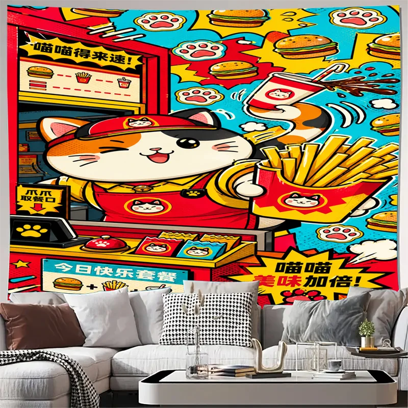 Cute Cat Cartoon Food Tapestry Wall Art Pop Culture Kitchen Decor Vibrant Illustration Diner Style Hanging Textile Poster for Li