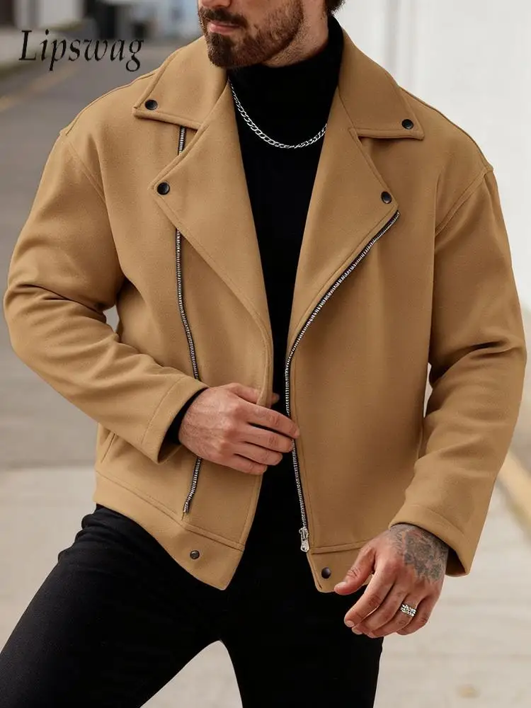 

Vintage Turn-down Collar Woolen Jackets Men Stylish Zip-up Long Sleeve Solid Color Coats Mens Autumn Winter Trendy Outerwear