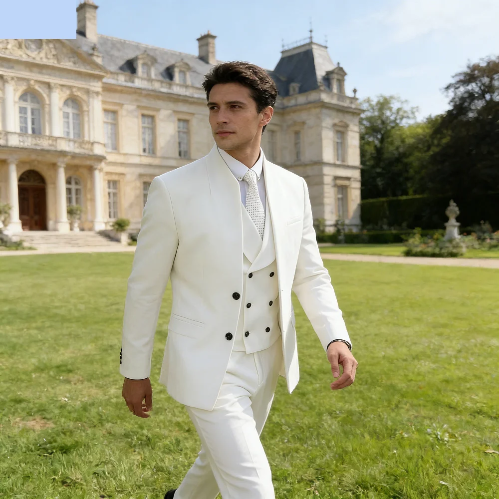 

Men's Woolen Suit Chinatown Style No-Collar Business Slim Fit 3-Piece Set Formal Wedding Terno Masculino