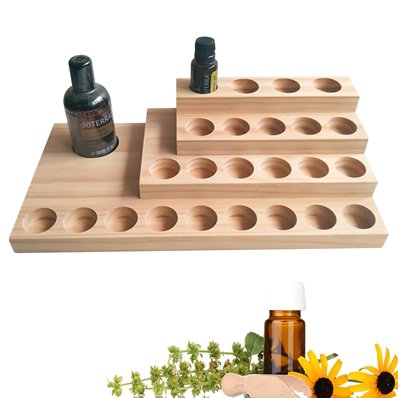 25Slots Desktop Storage Rack Stepped 4-Layer Wooden Essential Oil Storage Shelf Organizer Display Stand For Holding 5/10/15/20ml