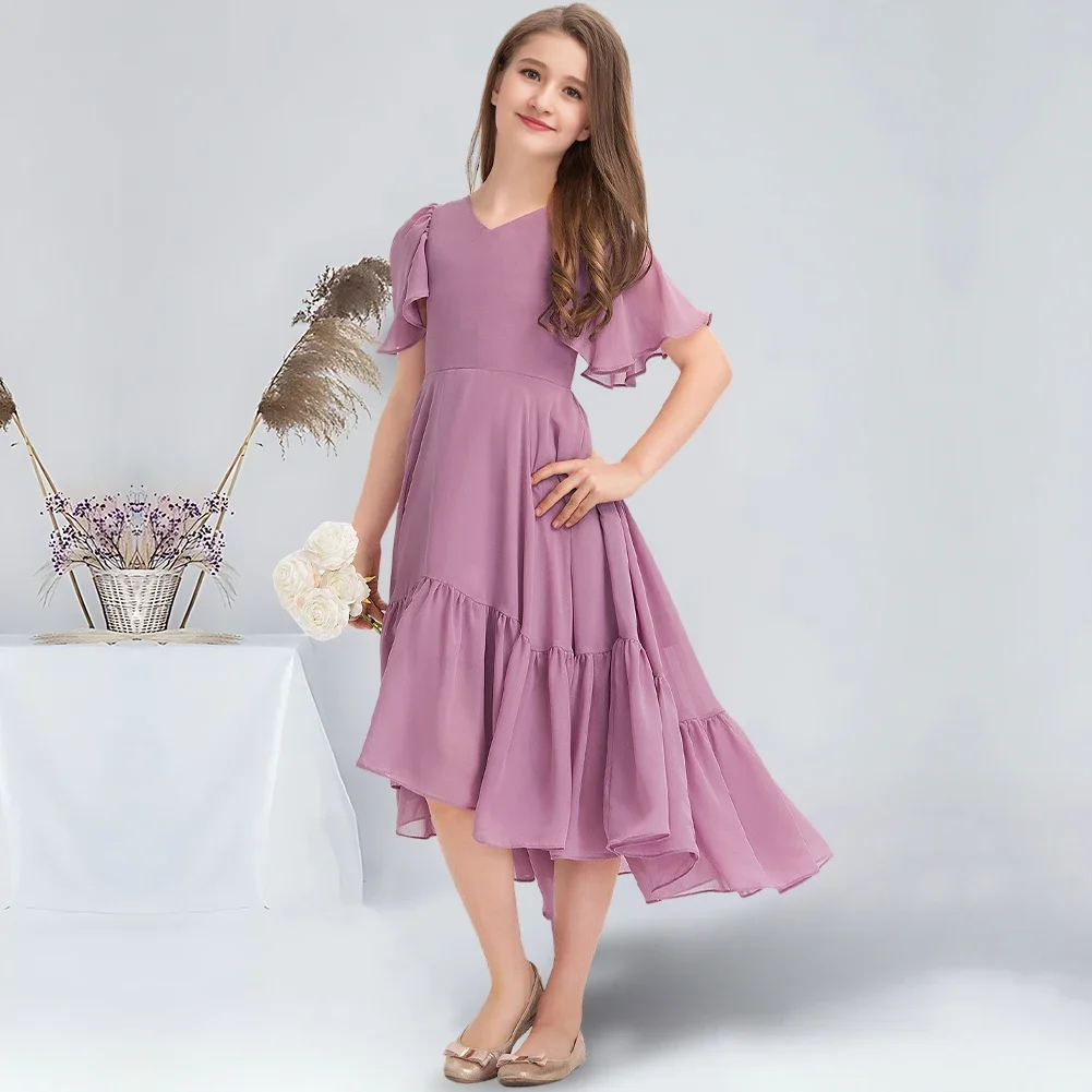 B ألف خط الخامس الرقبة غير المتكافئة الشيفون جونيور فستان وصيفة الشرف البنفسجي زهرة فتاة فستان لحفل الزفاف في سن المراهقة فستان المناسبات الخاصة