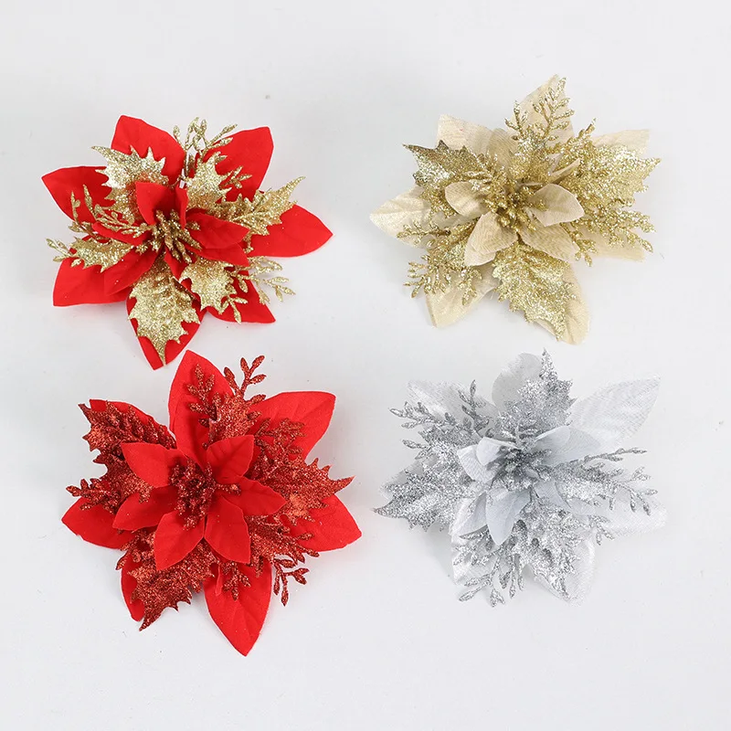 1pcs Artificial sequins, christmas flower heads, gold pink flowers, Christmas tree garlands, double layer cutouts, poinsettia