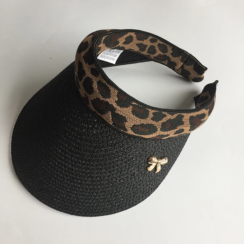 2019 New Woman\'s Sun Hats Female Leopard Bowknot Visor Caps Hand Made DIY Straw Summer Cap Casual Shade Hat Empty Top Hat Beach