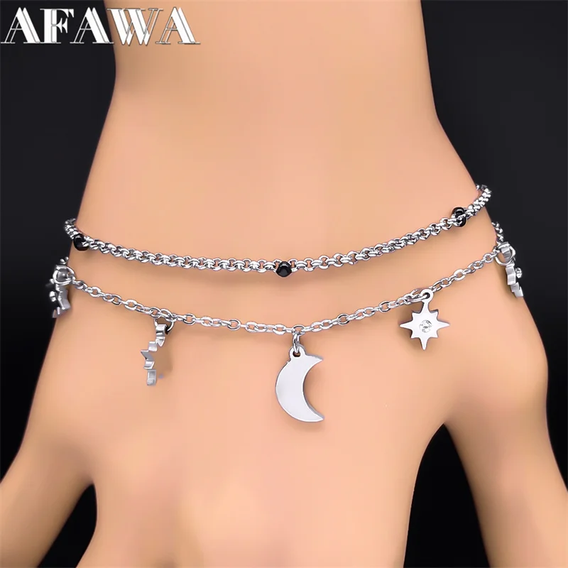 

Y2K Moon Star Crystal Double Layer Bracelet for Women Stainless Steel Elegant Charm Chain Bracelets Jewelry bisutería mujer