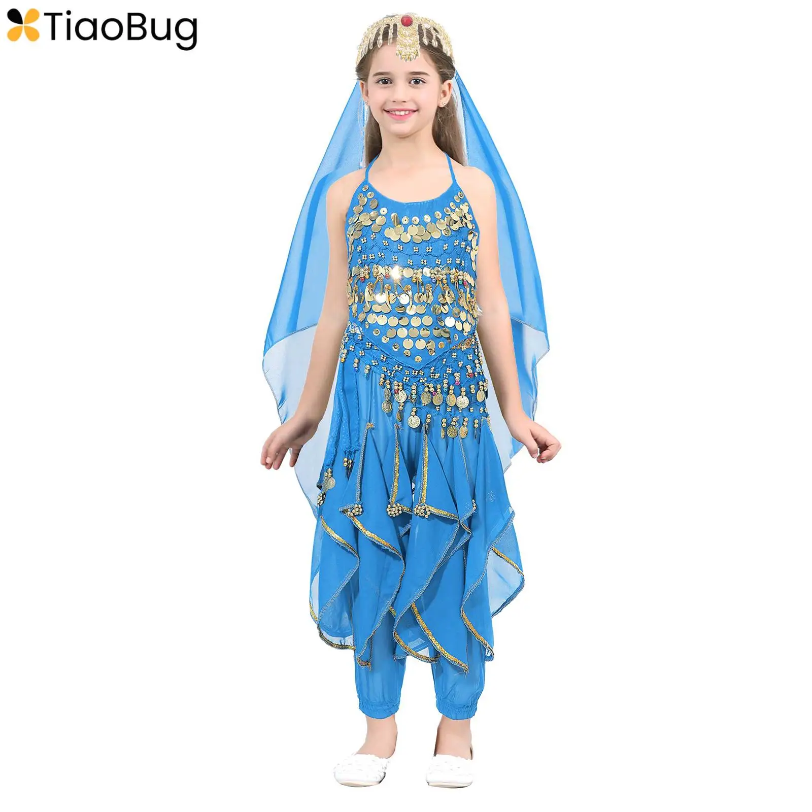 

Kids Girls Arabian Princess Indian Costume Belly Dance Outfit Sets Halloween Performance Dress Up Crop Top Pants Headwear