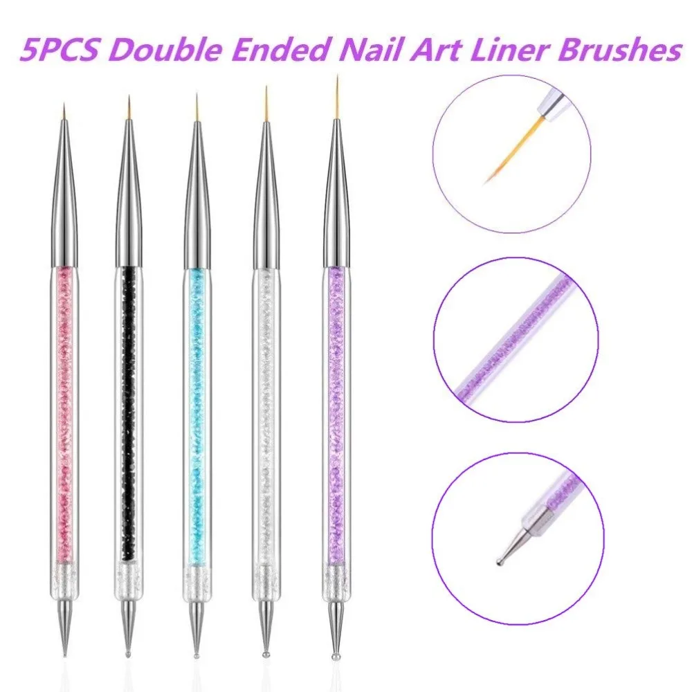Dual Ended Nail Art Brushes Set of 5 Professional Liner and Dotting Pens for Detailed Nail Design Acrylic Gel Polish Painting Manicure Dot Drill Drawing Tool Kit with Fine Tip for Salon and Home DIY Use