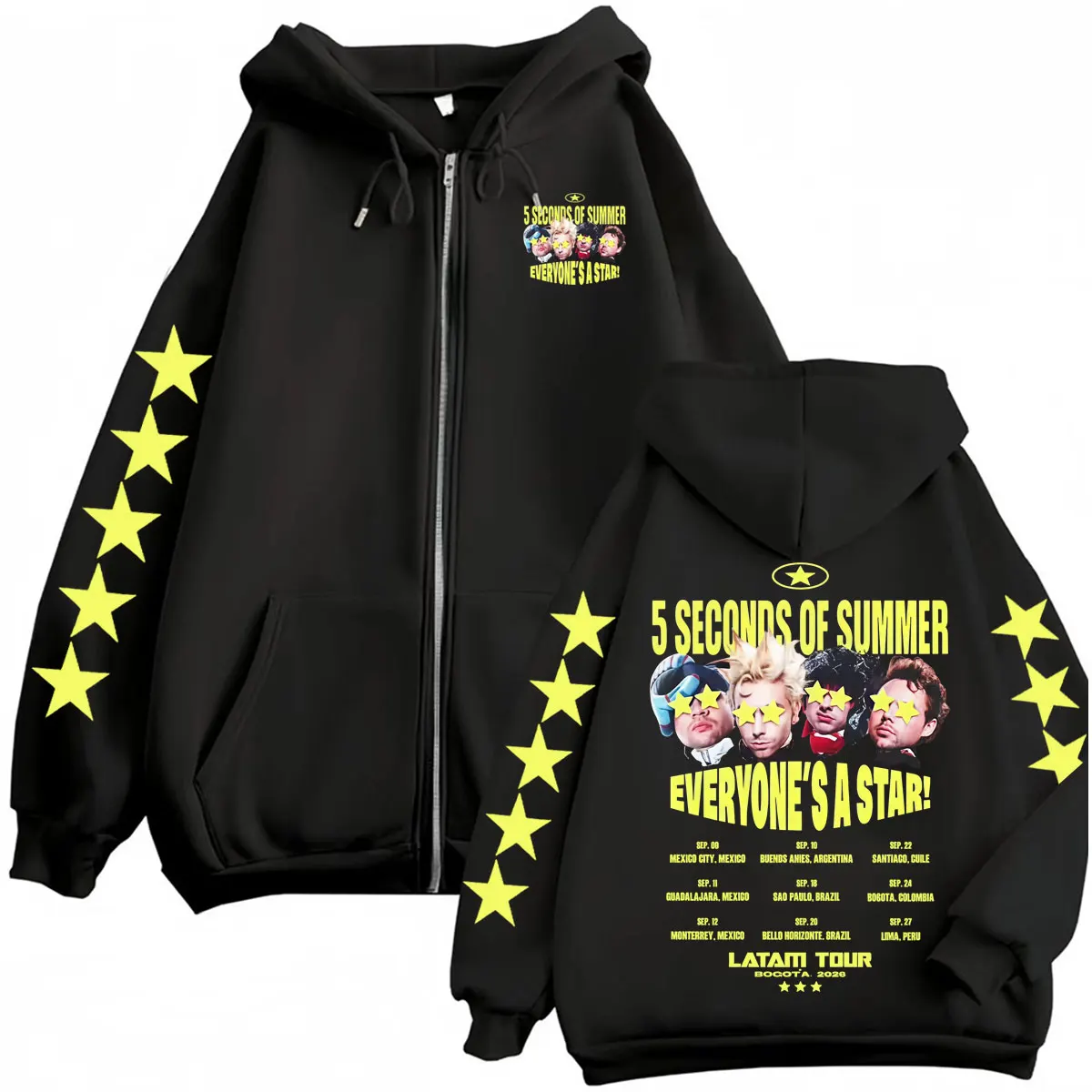 Мужские толстовки с капюшоном на молнии 5 Seconds of Summer Everyone's A Star Latam Tour 2026, готические, в стиле Харадзюку, высокого качества, куртки-свитшоты