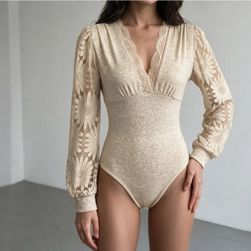 2026 New Sweet and Gentle Wind Imitation Cashmere V-neck Lace Splicing Onesie