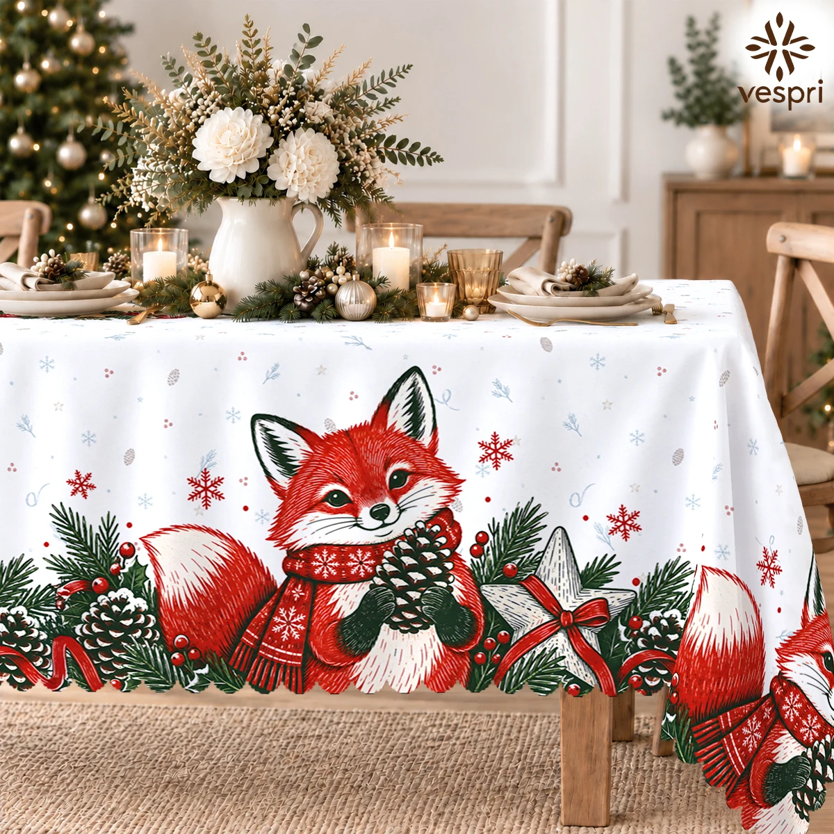 Nutcracker Tablecloth with Foxes, Toy Train, Snowmen for Indoor/Outdoor Camping decor, Rectangular/Round/Oval