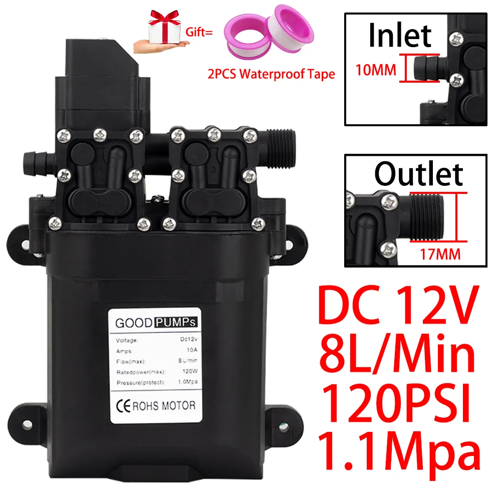Durable High Pressure Diaphragm Water Pump DC12V 8L/Min 120W High Pressure Self-priming Diaphragm Water Pump with Automatic
