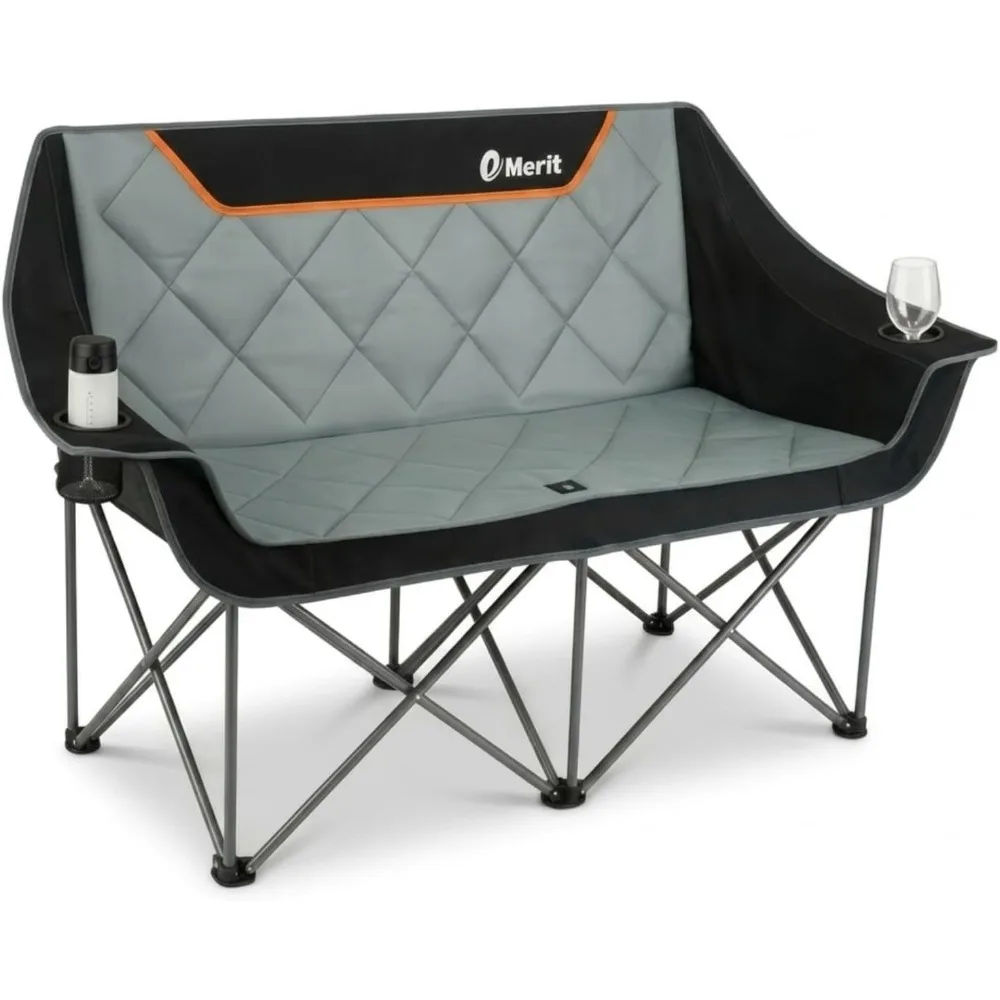 Oversized Padded Camping Chair, Heavy Duty Folding Double Couch, Cup Holders & Carry Bag for Outdoor Activities