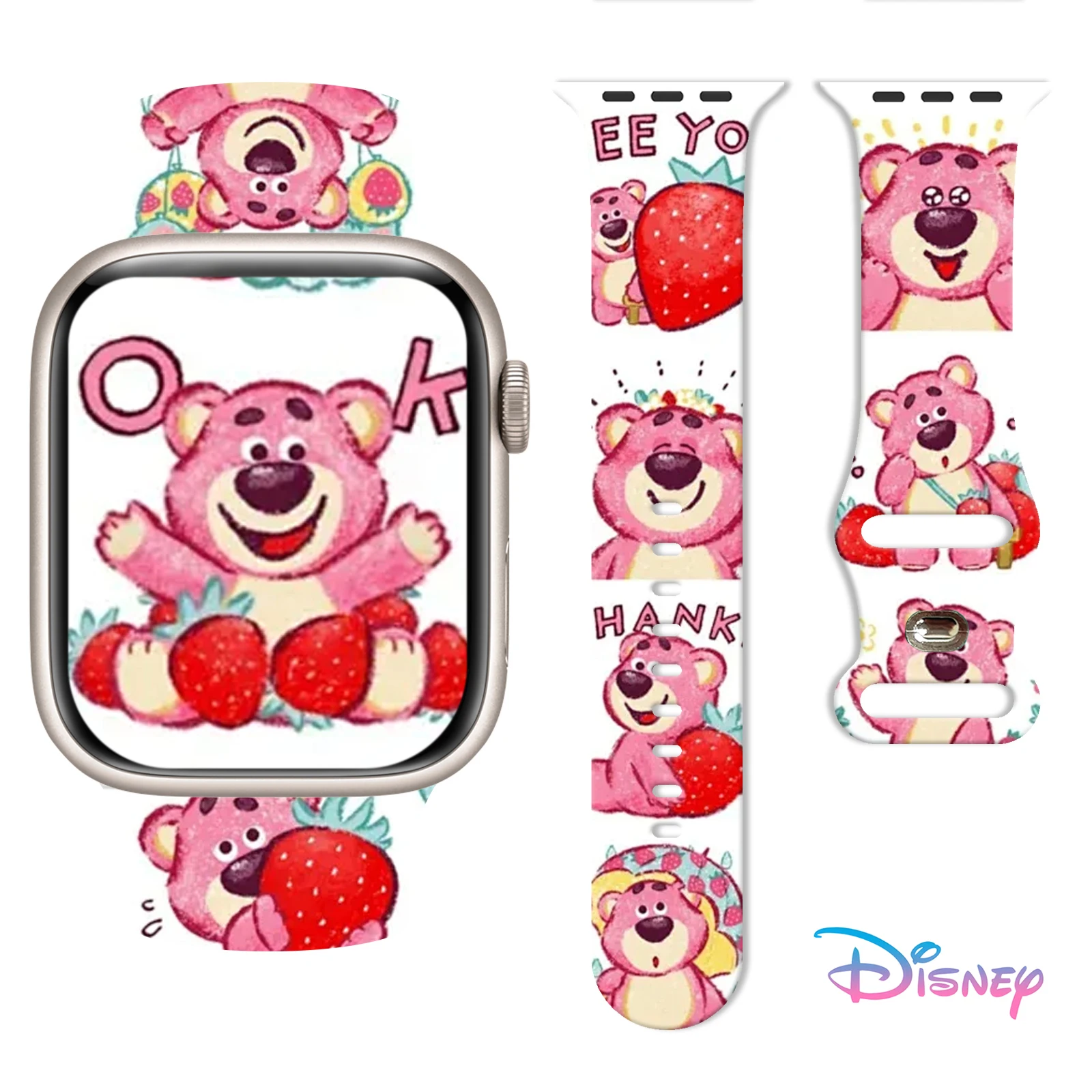

Disney Pink Strawberry Bear Series Print Band for Apple Watch Series 11/10/9/8/SE, Soft Waterproof Silicone Band 45mm 44mm 42mm