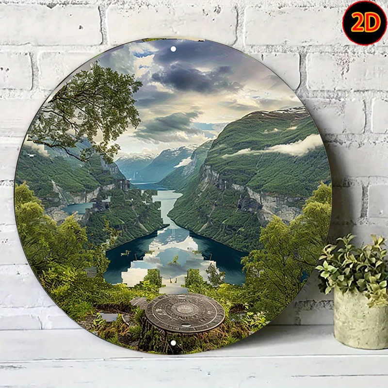 2D Flat, Round Sign Nordic Fjord Landscape Decorative Painting Retro Metal Art Wall Poster Suitable for Home Living Room Bedroom