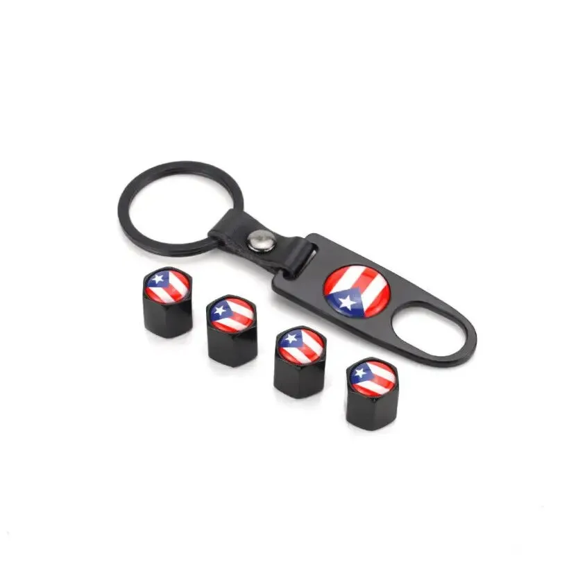 1 Set Puerto Rico Flag Logo Key Fob Universal Accessories Tire Air Valve Chain Car Stem Caps Ring