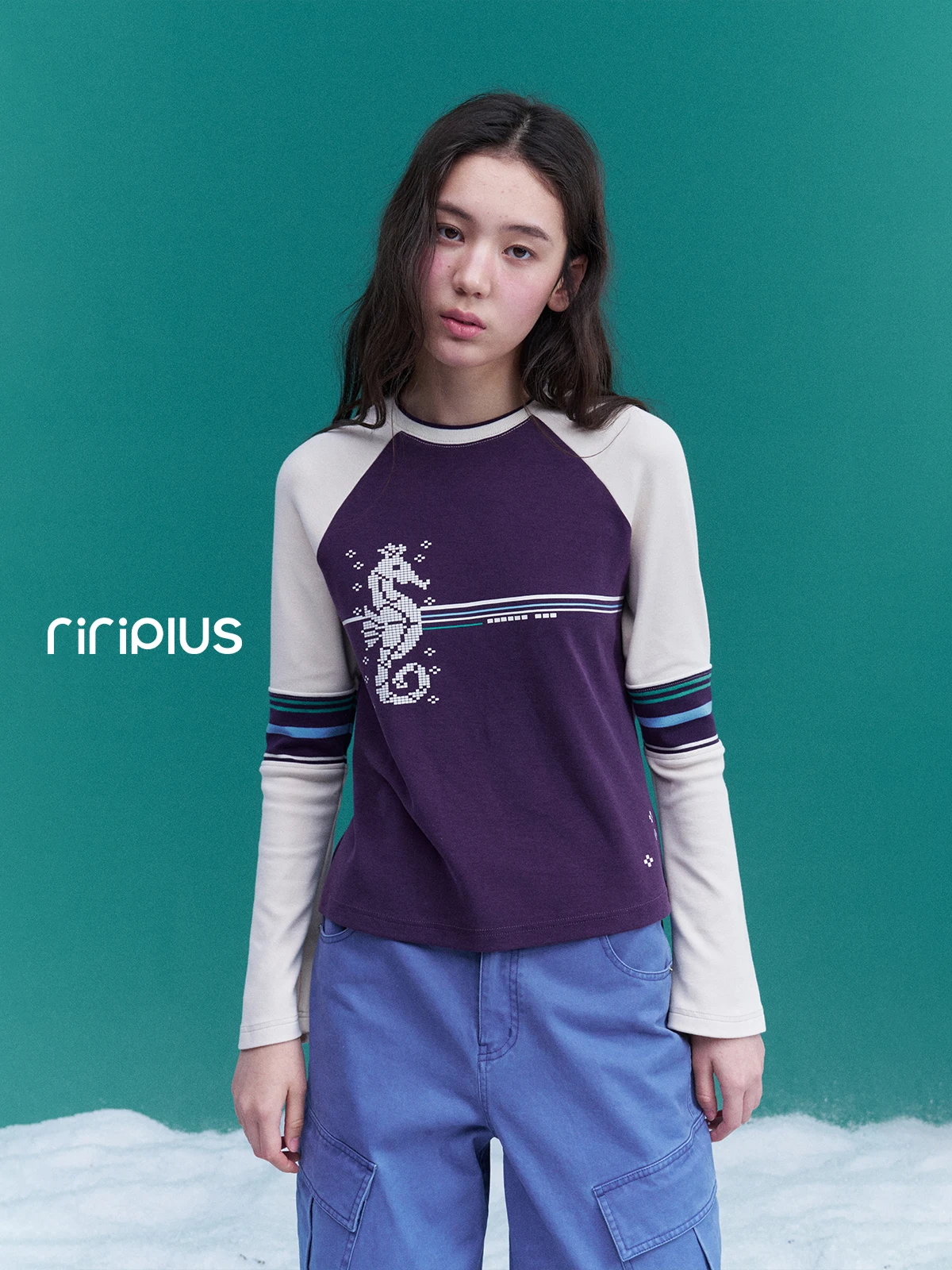 Riverstone plus Y2K Printed Long Sleeve T-Shirt Women's Autumn Winter New Design Color Block Retro Style Cotton Blend Top