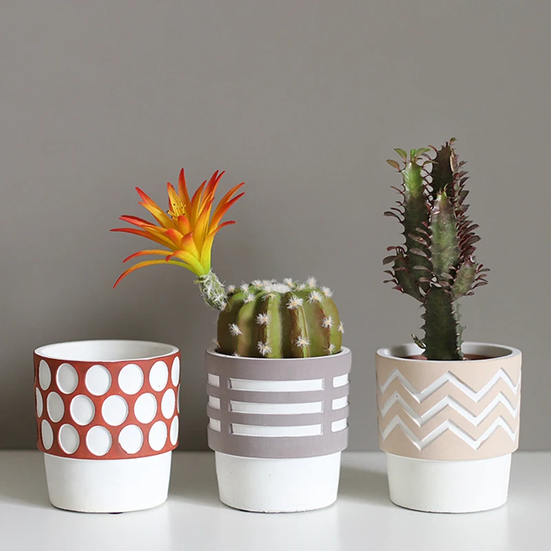 Nordic Ins Geometric Pattern Cement Flower Pot Simplicity Succulent Green Plant Potted Desktop Ornament Home Gardening