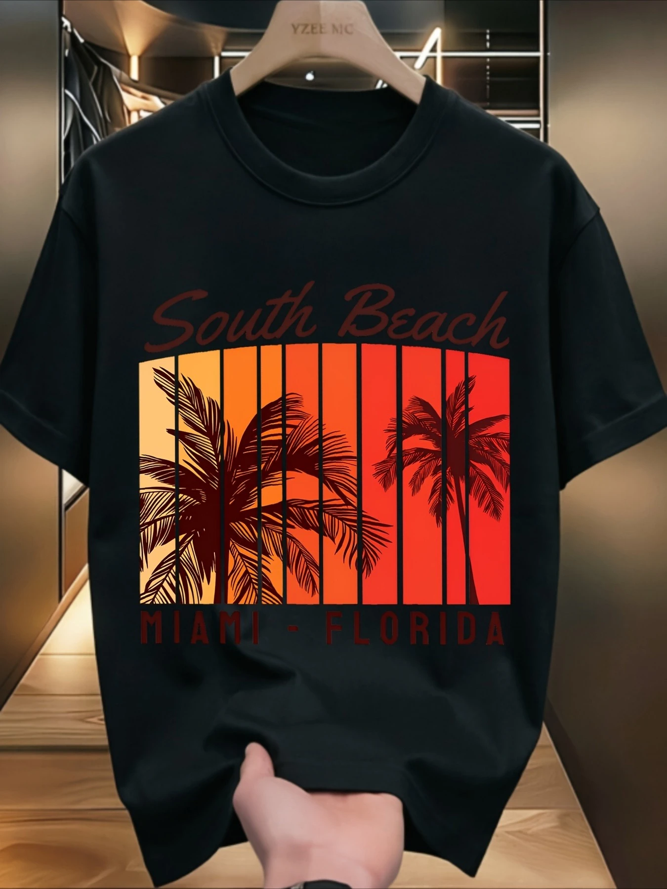 Miami South Beach T Shirt Men Women Palm Silhouette Florida Coastal Letter Print Crew Neck Cotton Summer Vacation Daily Tee