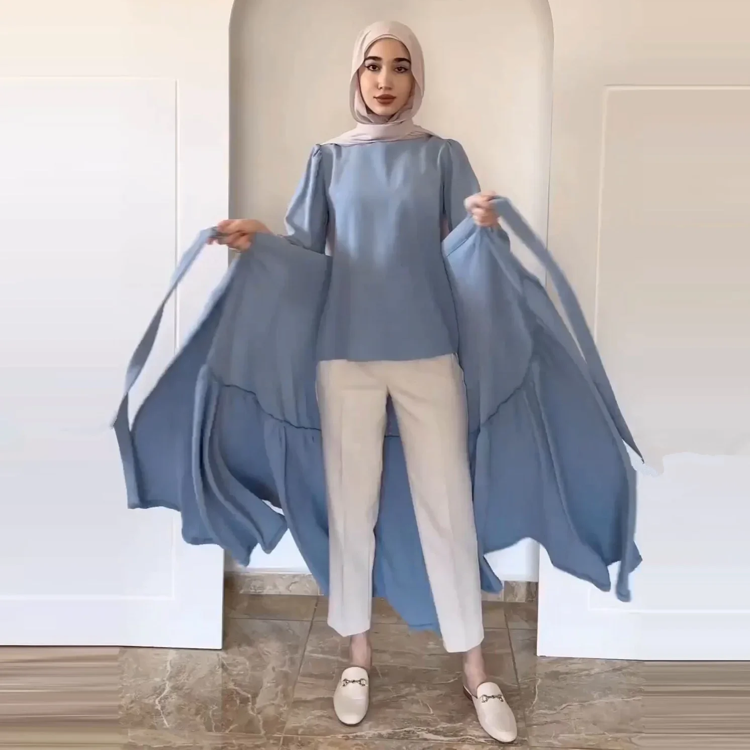 Middle East Arab Muslim Dubai 2023 Autumn New Fashion Long Sleeve Lace up Half Dress 2 Piece Set modest clothing