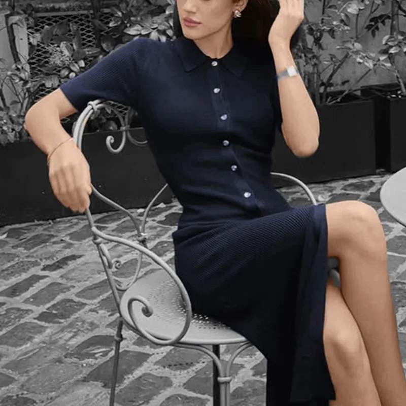 Talenza Knit Slim Long Dress Women Solid High Waist Slim Single Breasted Long Dress Fashion Lapel Casual Office Lady Knit Dress