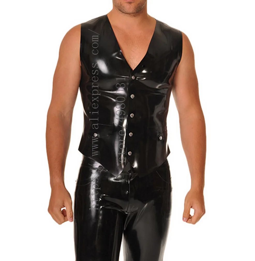 

Cool weskit 100% handmade men's black waistcoat what is made of 0.4mm thickness natural latex materials